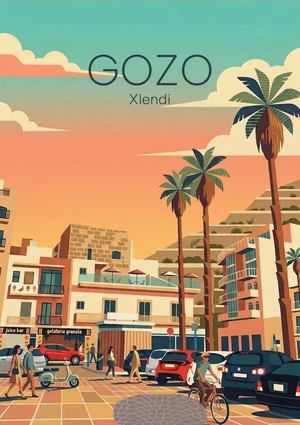 Modern vintage illustration of Xlendi, Gozo